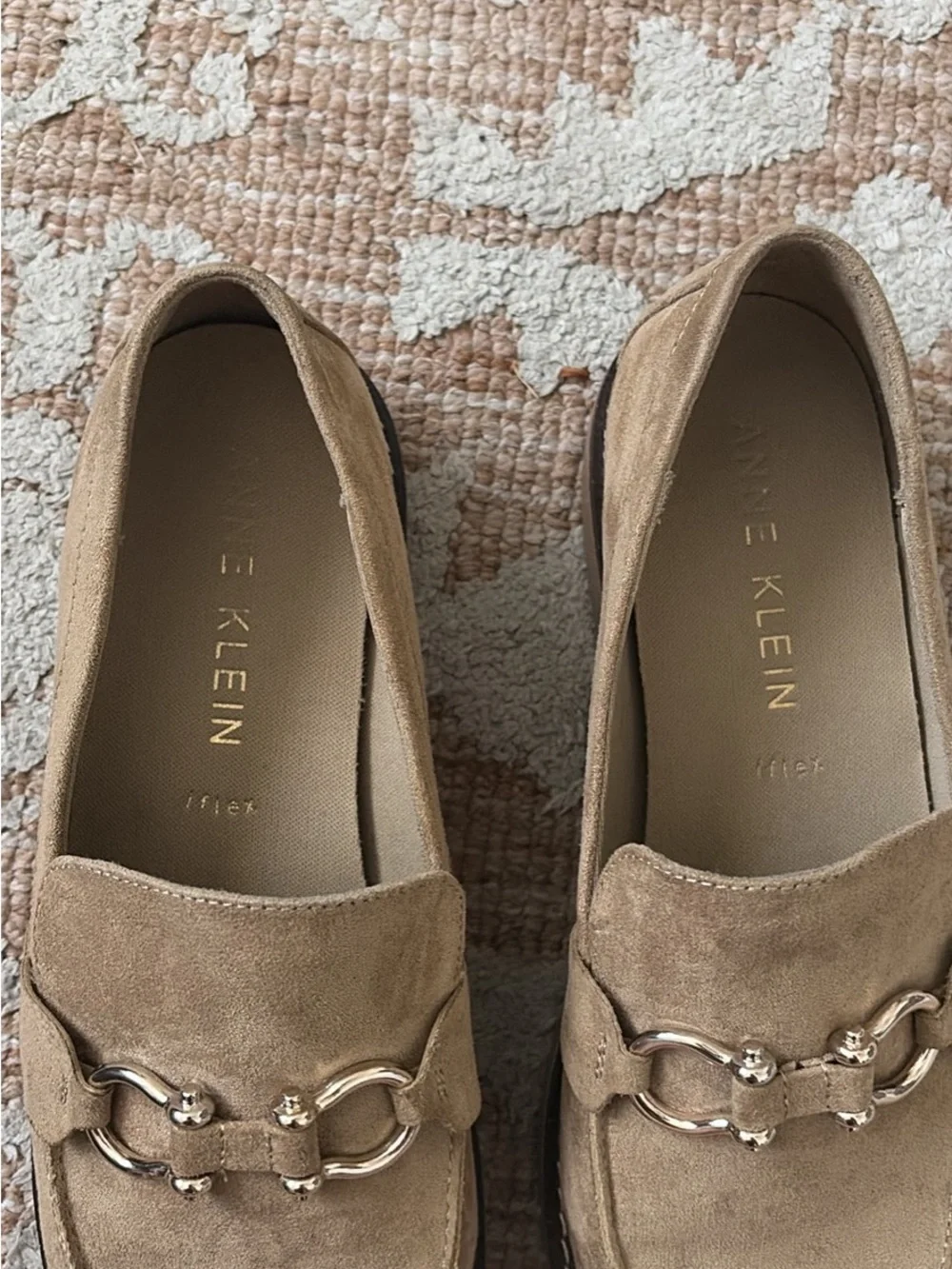 Anne Klein Tan Suede Loafers with Gold Hardware
